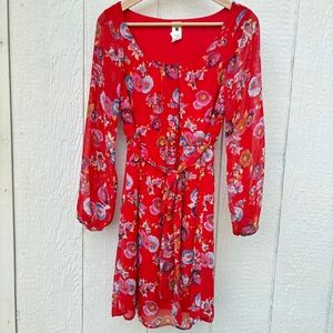 Needle & Thread Midi Dress Side Small Red Floral Belted Long Sleeve